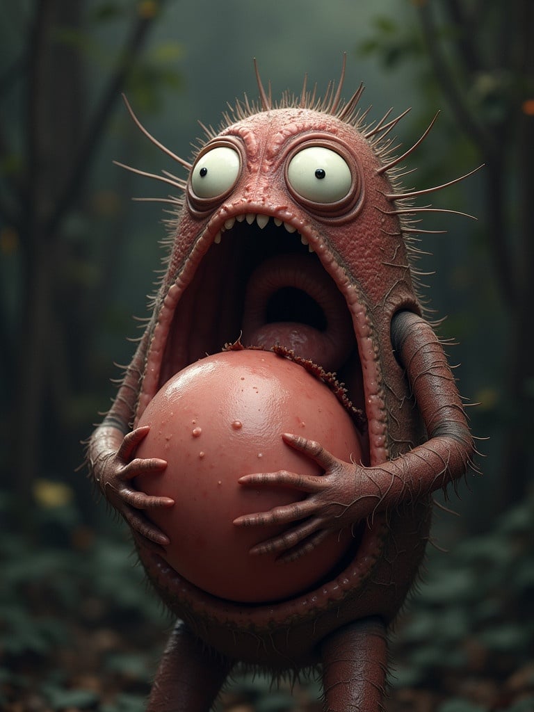 A cartoonish creature with a large belly that appears to be a parasite. The creature has wide bulging eyes and a shocked expression. It stands in a foggy forest with soft lighting.