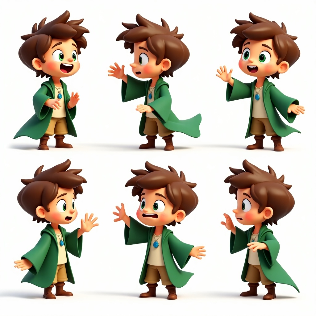 3D cartoon character design of a ten-year-old boy. Wavy brown hair and bright green eyes. Dressed in green mage robes with a sapphire pendant. Displays joy, sadness, anger, excitement, and curiosity. Each pose shows lively movement and cheerful personality. Bright color palette suitable for children's media.