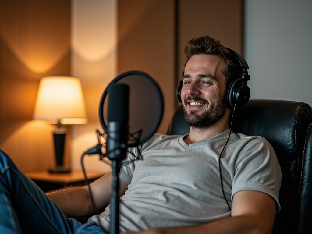 A person sitting in a home studio setup wearing headphones and smiling at a microphone, with a warm lamp lit in the background, creating a cozy and relaxed atmosphere.