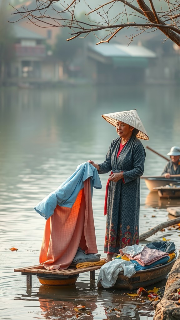 A woman in traditional attire stands by a tranquil riverside, arranging fabric with a peaceful village backdrop.