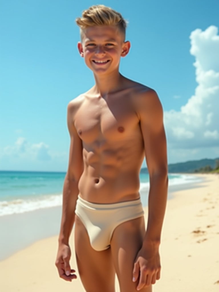 A young muscular slim teenage boy shirtless wearing beige colored swimwear on the beach against a bright sky and ocean backdrop.