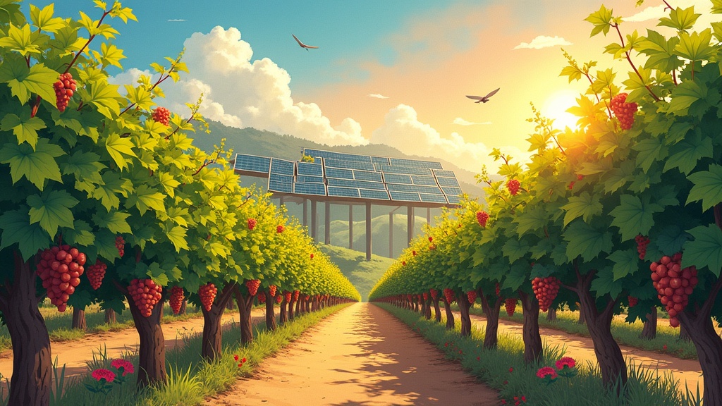 A vibrant vineyard with plump grapevines glistening in the sunlight. Solar panels sit on stilts among the vines. A warm golden glow illuminates the landscape. Soft painterly textures enhance the dreamy atmosphere. A clear blue sky and distant mountains complete the scene.