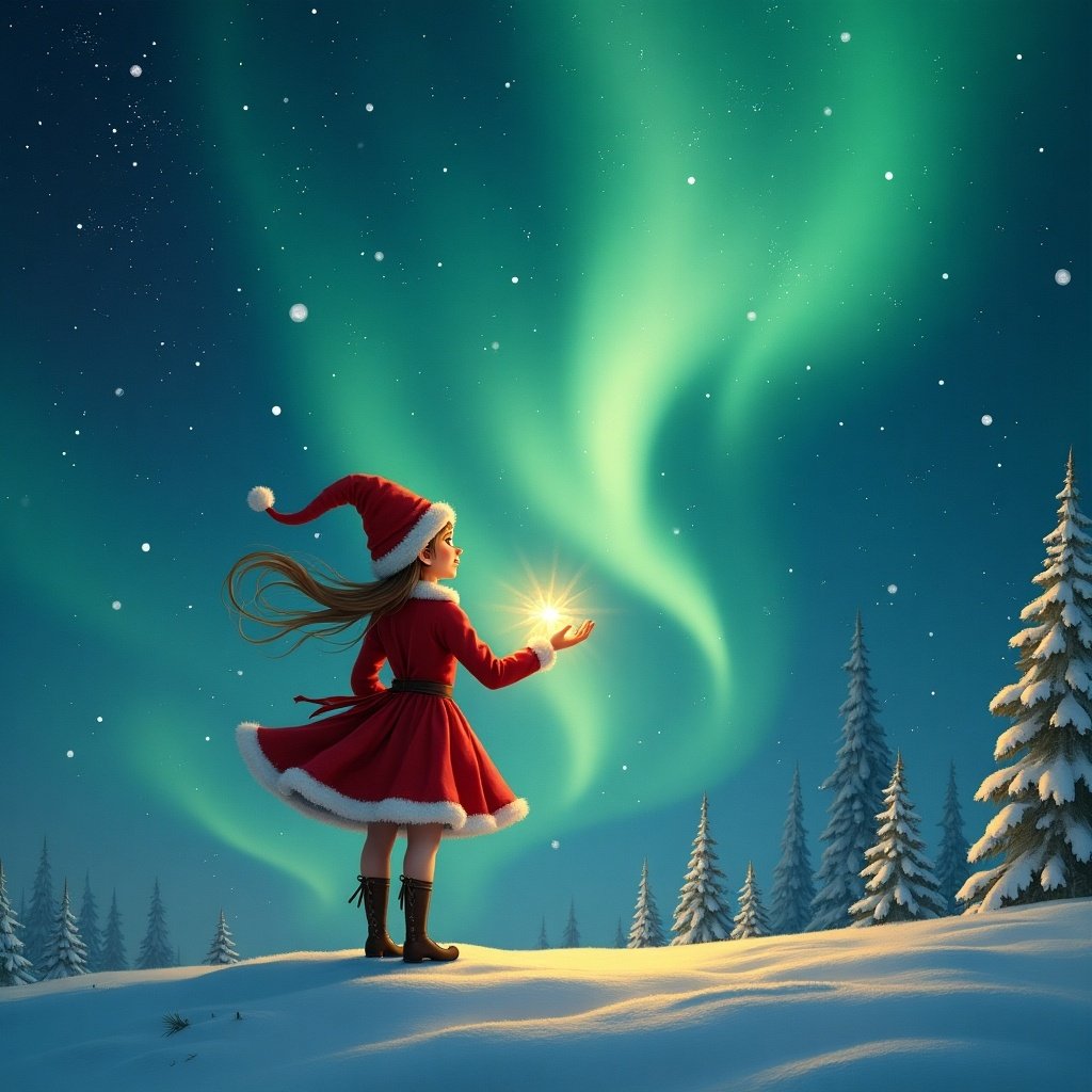 A child in a red dress and Santa hat stands in a snowy landscape under the northern lights. The child holds a glowing orb in hands. Trees surround the child. The lights create a magical atmosphere in a night sky.