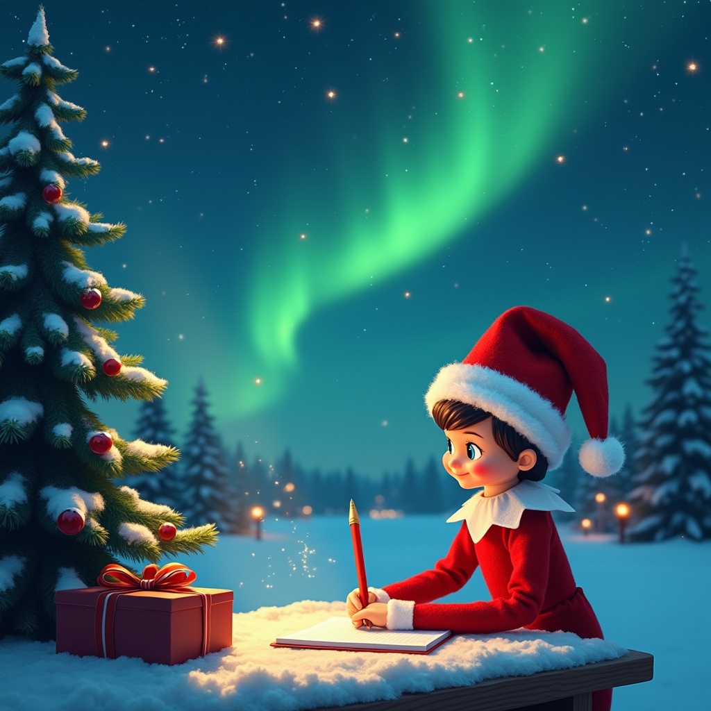 The scene depicts a charming elf sitting at a table in a snowy landscape, dressed in bright red and white attire. The elf is diligently writing a letter, possibly for Santa, with a joyful expression. In the night sky above, stunning northern lights dance in vibrant greens and blues, enhancing the magical atmosphere. A beautifully decorated Christmas tree stands nearby, adorned with sparkling ornaments, while a gift sits at the base. The overall setting captures the essence of holiday spirit and wonder, perfect for winter-themed stories or illustrations.