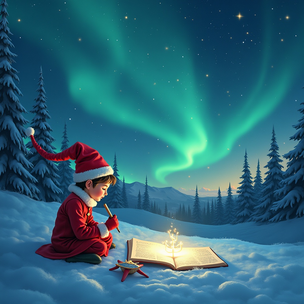 Child in Santa outfit sitting in snow. Northern lights above. Writing in an open book. Tranquil winter scene.