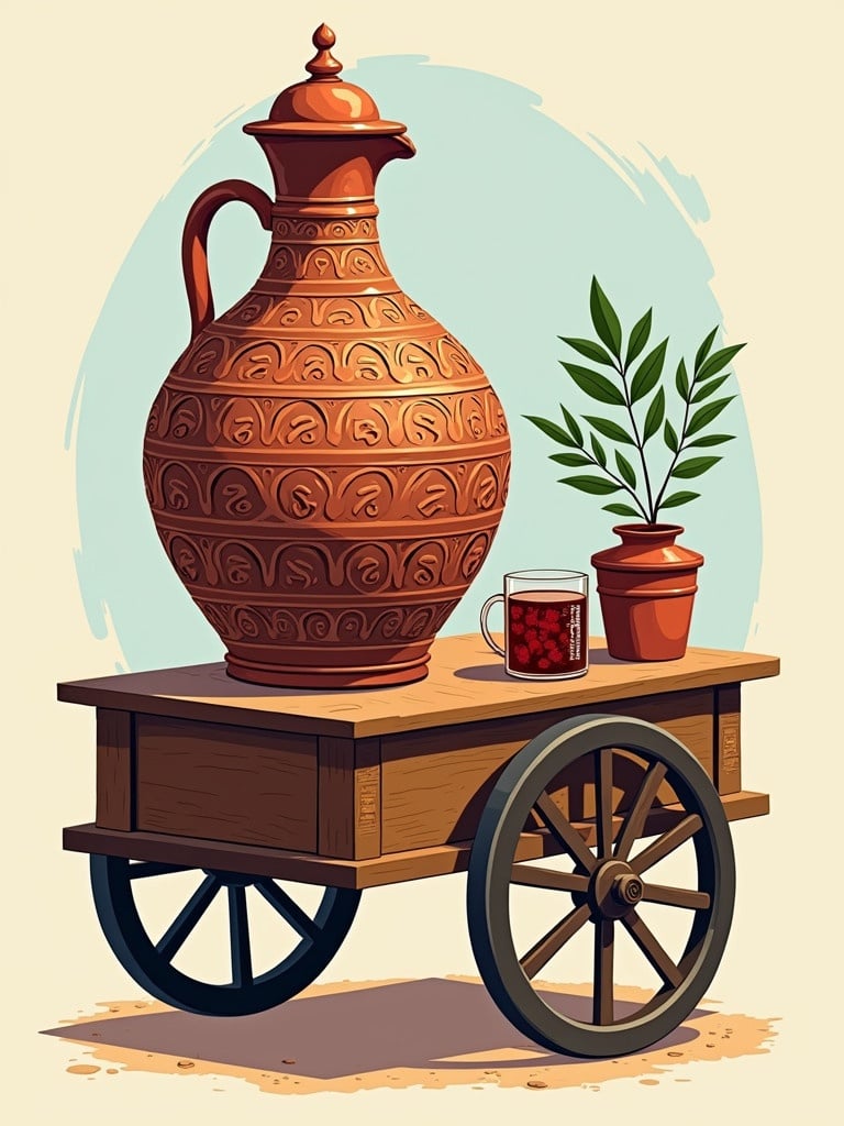 Illustration features a cart with copper jug decorated with carvings. Jug holds Syrian mulberry juice. A plant in a pot is beside the mug on the cart. Festive touches reflect Ramadan elements.