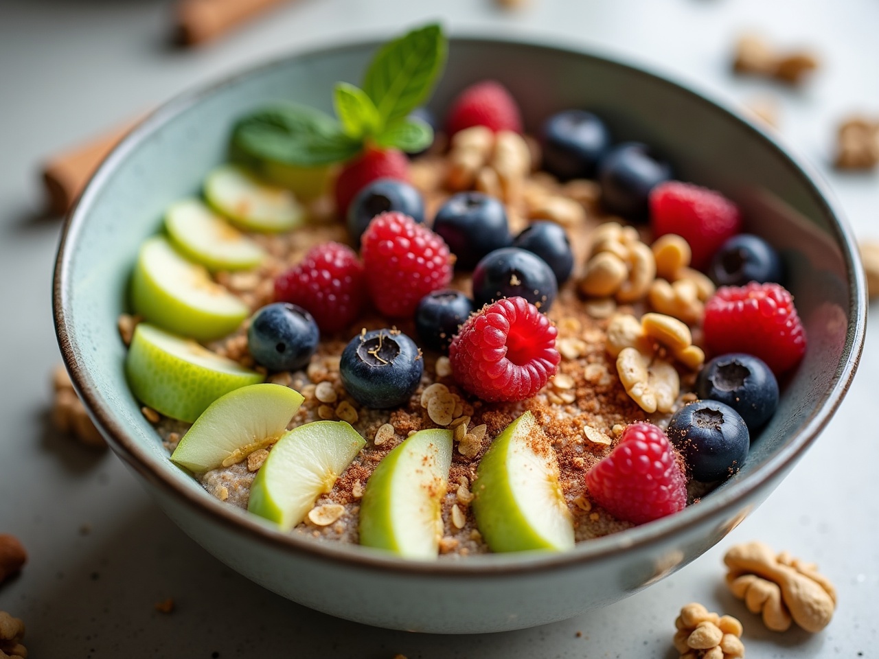 This image depicts an ultra-realistic bowl of overnight oats, beautifully arranged with slices of green apple, a sprinkle of cinnamon, and an assortment of mixed berries including raspberries and blueberries. Topped with walnuts and a drizzle of honey, the dish is presented in a rustic bowl that enhances its appealing appearance. The background hints at a cozy kitchen setting, making this an inviting scene for a breakfast idea. Each ingredient is thoughtfully placed to create a vibrant and nutritious meal. This setup is perfect for illustrating healthy eating options and recipe articles.