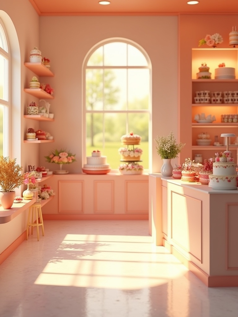 Realistic 3D scene of a beautiful cake shop with a variety of cakes. Bright light view from large windows on a sunny day. Orange and white theme in store design, focusing on cake displays.