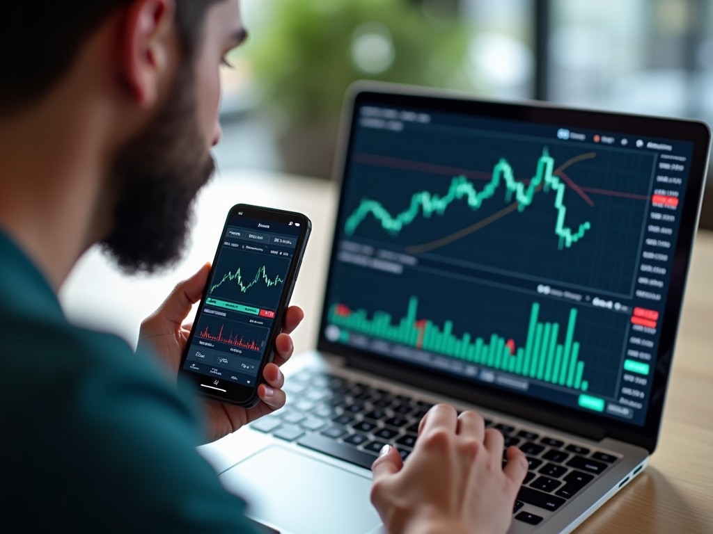 A person is closely monitoring financial trading charts displayed on a smartphone and a laptop. The charts show significant upward trends and include visible analytics. There are clear buy and sell buttons on the trading interface. The scene is captured in natural light, highlighting the user's focus on the screen. The individual displays concentration as they engage with both devices, indicating a modern approach to trading in today's digital age.