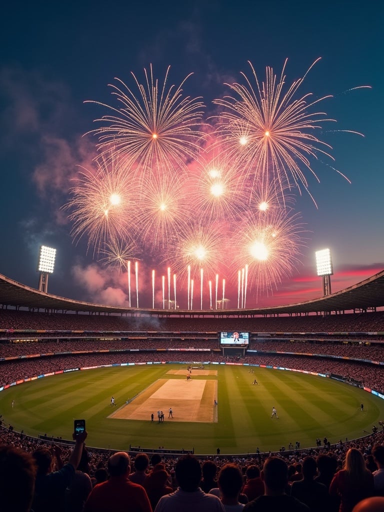 Cricket ground with people celebrating New Year. Fireworks bursting in the sky. Happy New Year illuminated in the sky.