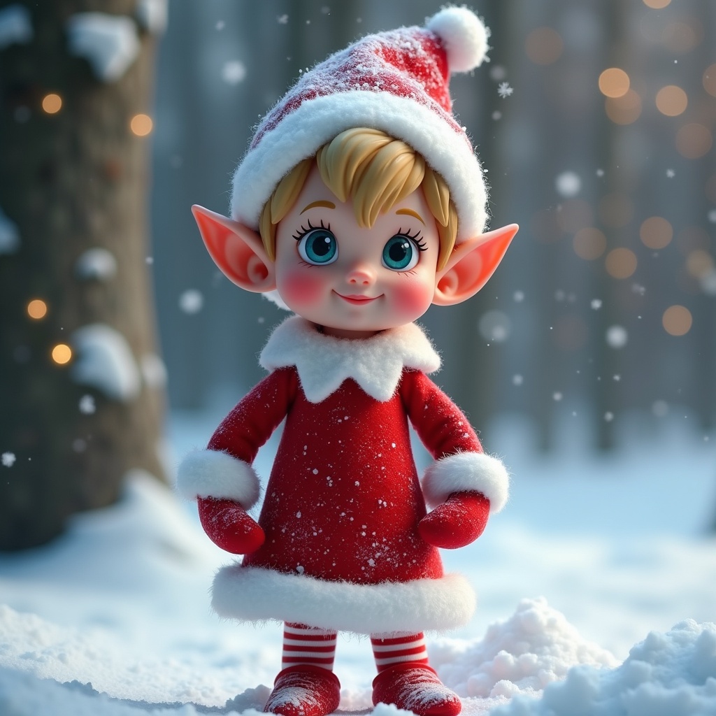 An elf wearing a red and white Santa outfit stands in a snowy scene. The elf has blond hair and is smiling. Background includes soft snow and twinkling lights.