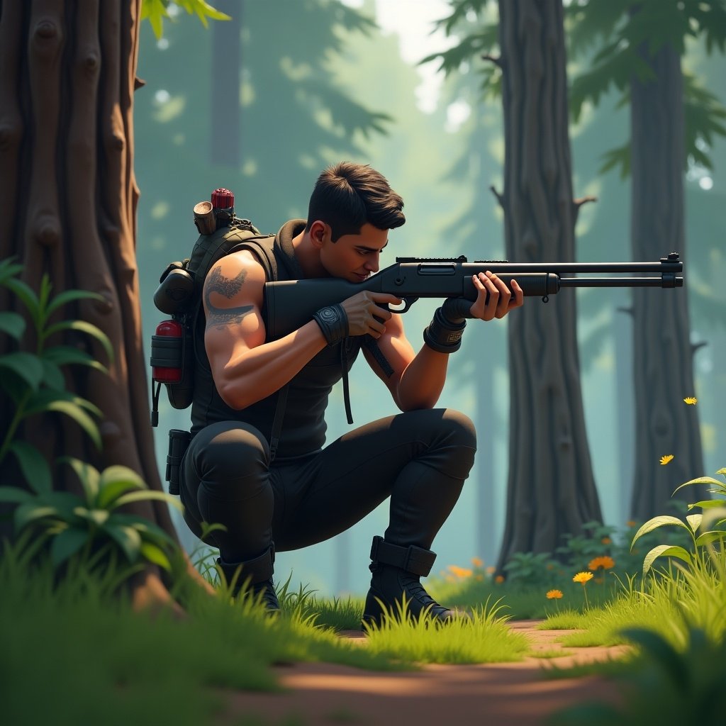 Fortnite character kneels behind a tree in a forest. Character holds a shotgun and a grenade. Bright green foliage surrounds the character. Sunlight peeks through the trees.