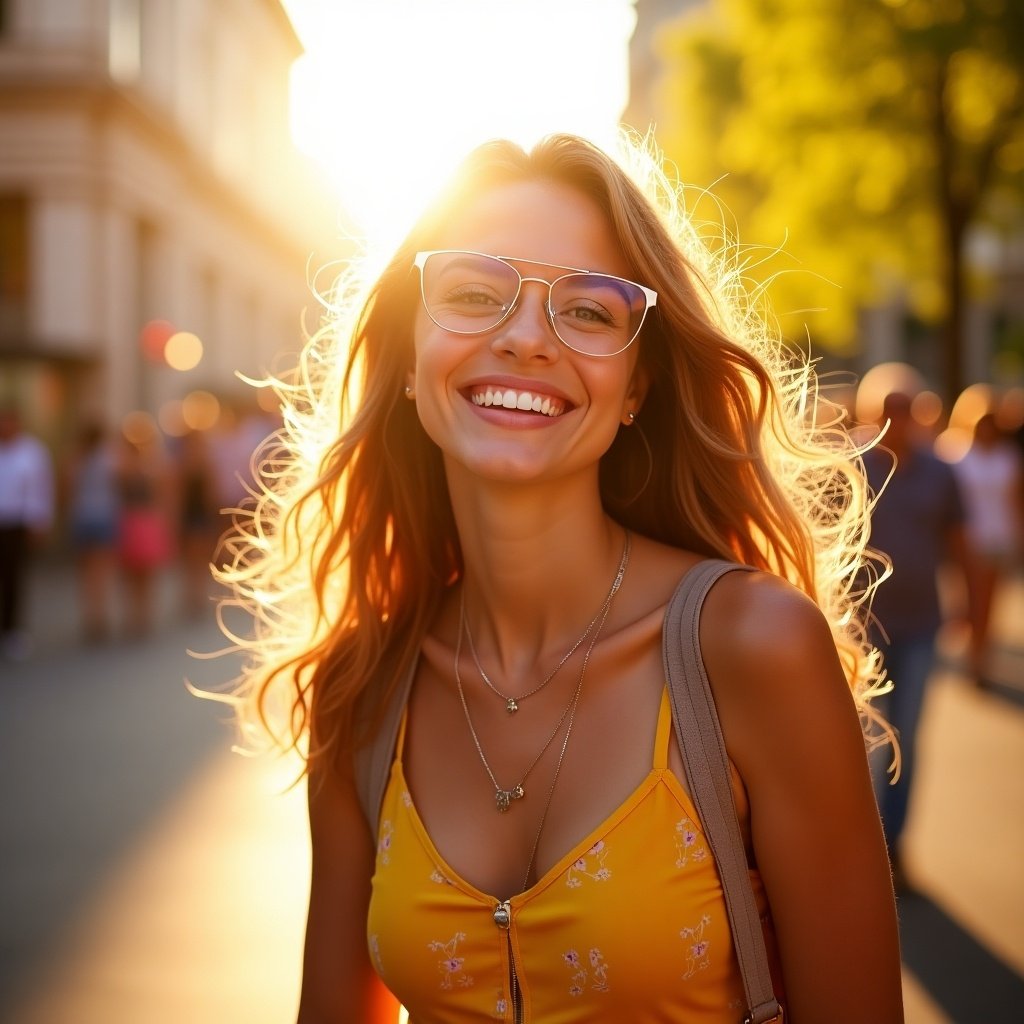 Portrait of a smiling girl wearing glasses in golden hour light. Street filled with people in background. Cheerful and youthful appearance.