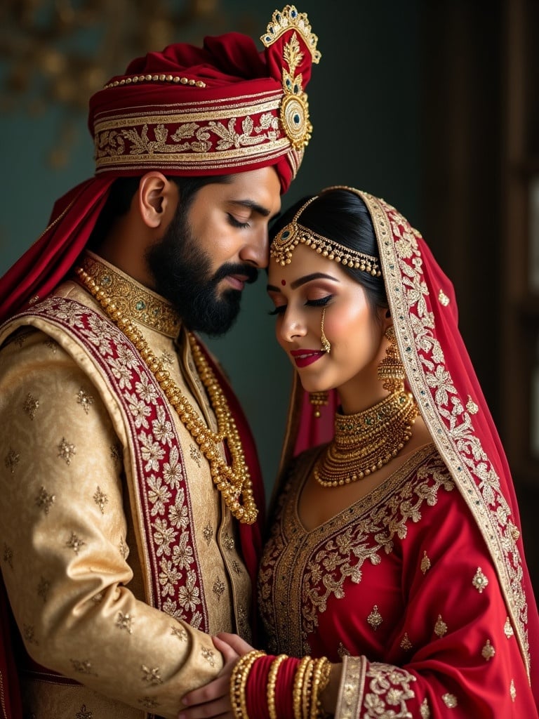 Image of a couple dressed as an Indian king and queen. They wear elaborate traditional clothes with intricate designs. Rich colors dominate with deep red and gold. Soft lighting highlights their attire. The couple gazes at each other warmly. 