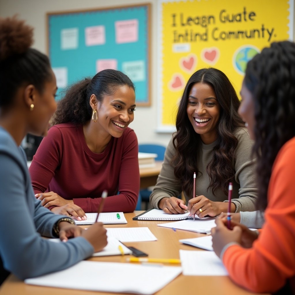 Group of Black teachers and Black parents have a meaningful conversation at a table. Collaborative atmosphere with engaged and friendly individuals. Notebooks and pens indicate focus on discussion. Colorful educational signs in the background promote learning and community involvement.