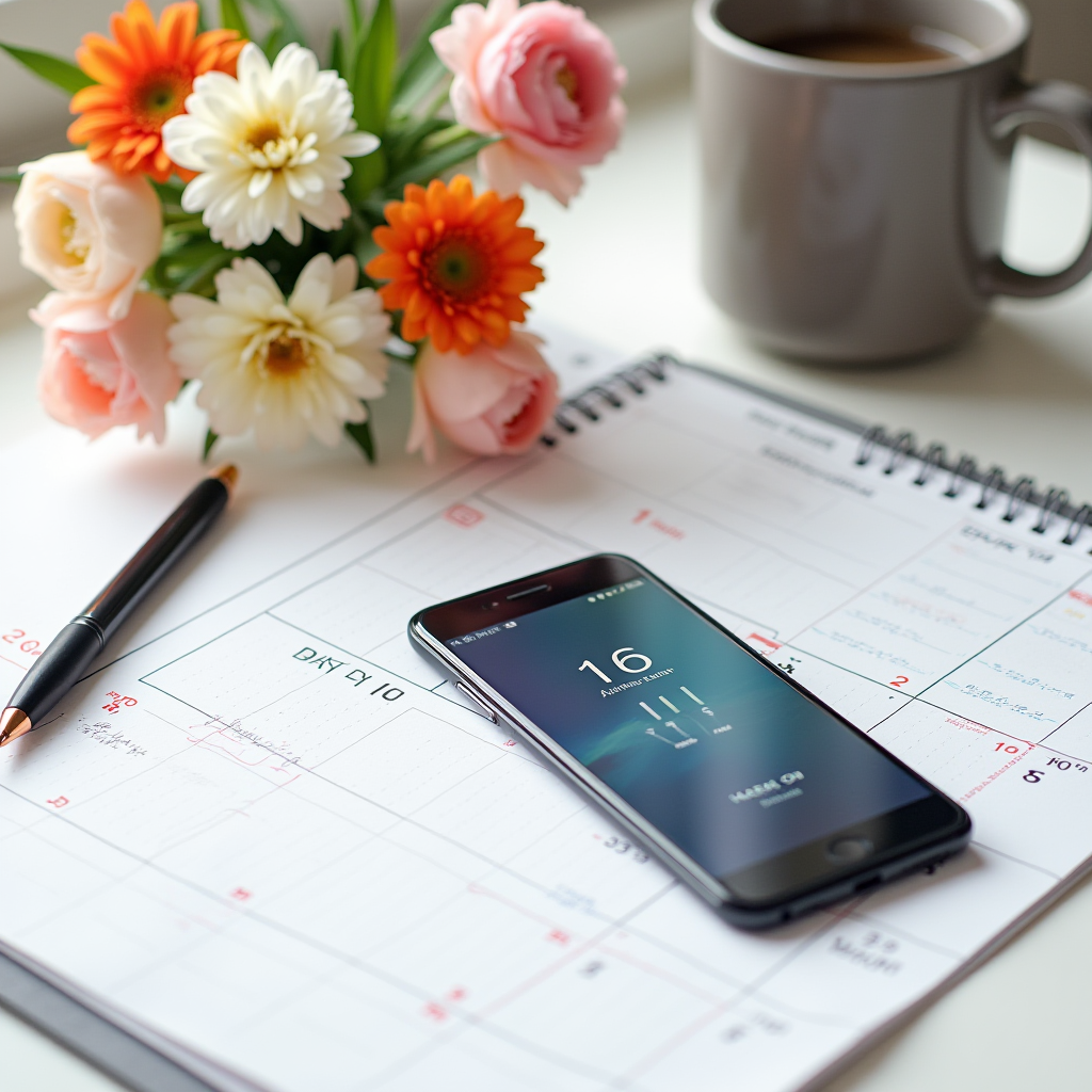 The image showcases an organized workspace with a focus on a spiral-bound calendar or planner laid open on a white surface. A sleek black smartphone rests on the planner, displaying a minimal screen with a time and date (16th). Beside the planner, there’s a black pen, suggesting an activity of note-taking or planning. In the background, a tasteful arrangement of flowers—featuring white, pink, and orange blooms—adds a touch of color and freshness to the scene. A gray mug, filled with coffee or tea, is stationed nearby, completing the serene and productive ambiance.