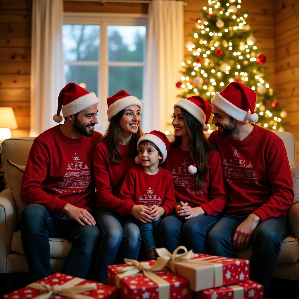 Family celebrating Christmas together. They wear festive red sweaters and Santa hats. Surrounded by Christmas decorations and gifts. Warm and cheerful atmosphere.