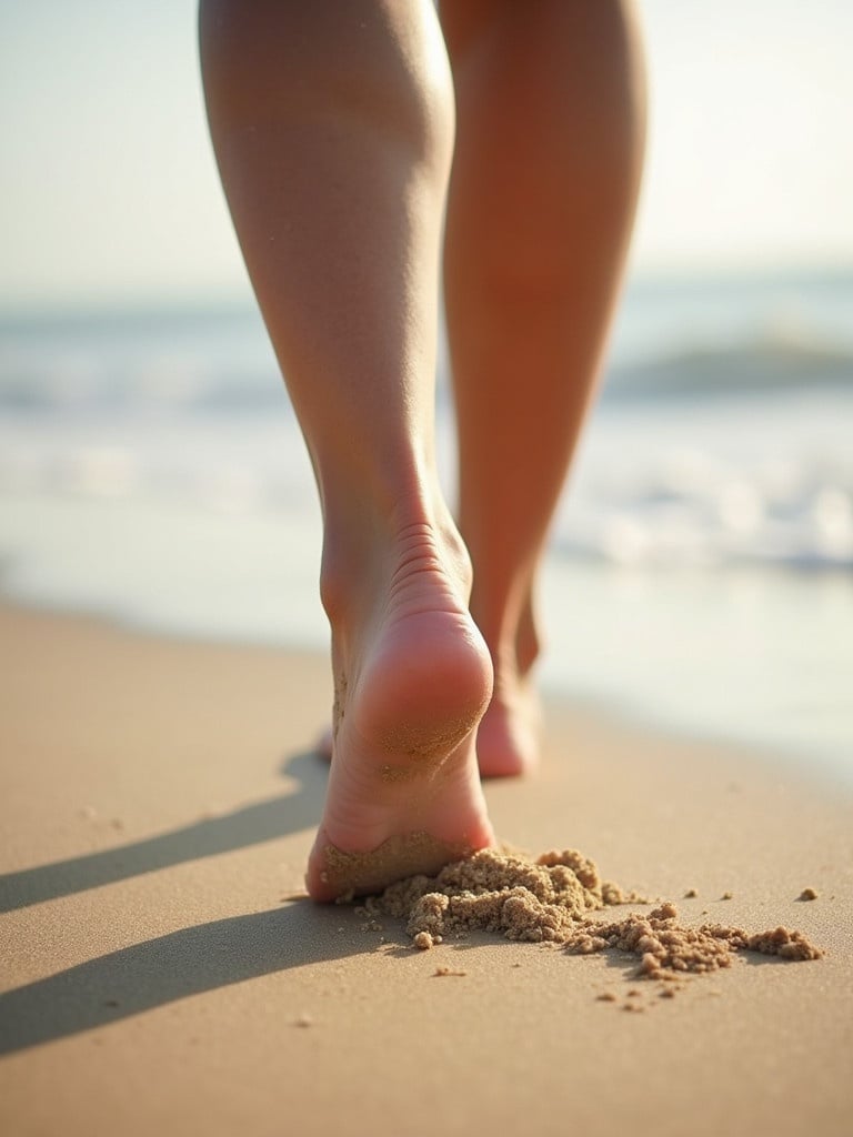 Feet walking on soft beach sand. The image focuses on the soles of the feet. Light shines from behind creating a warm glow. The feet are slightly dirty from the sand.