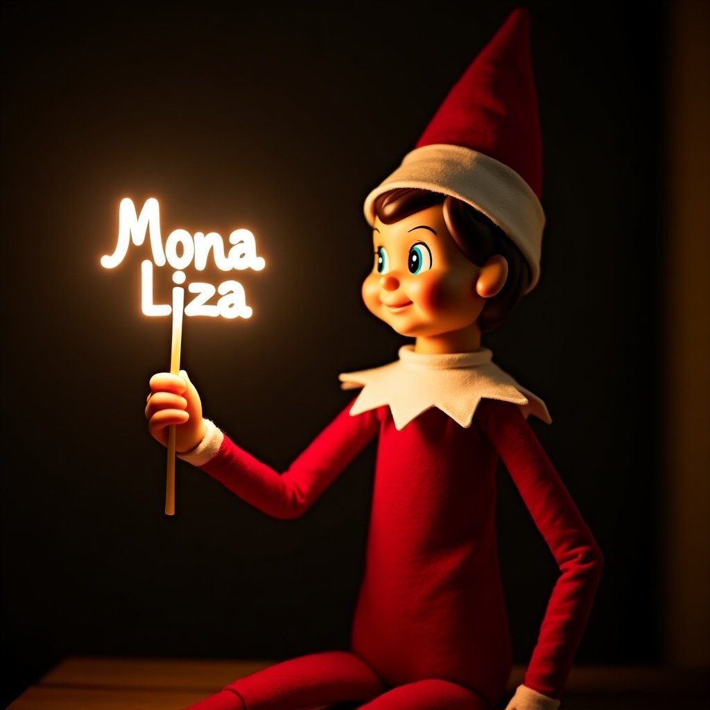 Elf on the shelf character in traditional red and white attire is holding a glow stick that forms the name 'Mona Liza' in bright, soft light. The background is dark, enhancing the glowing effect. The scene evokes magic and cheer of Christmas celebrations.