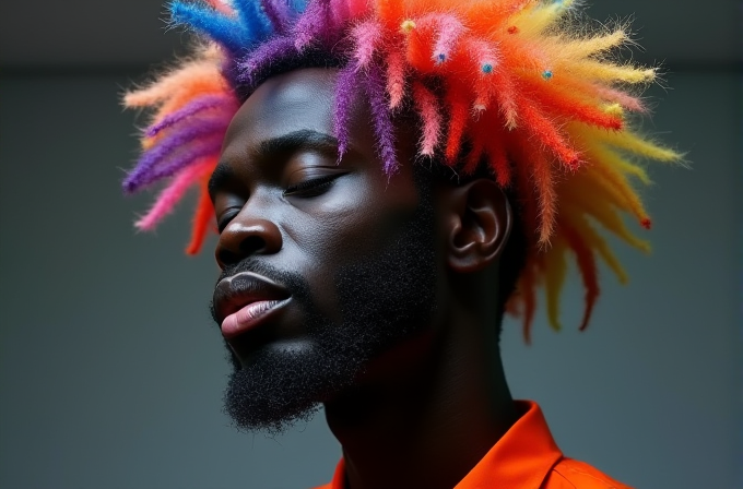 A person with closed eyes sports a stunning multi-colored, spiky afro and wears an orange shirt.