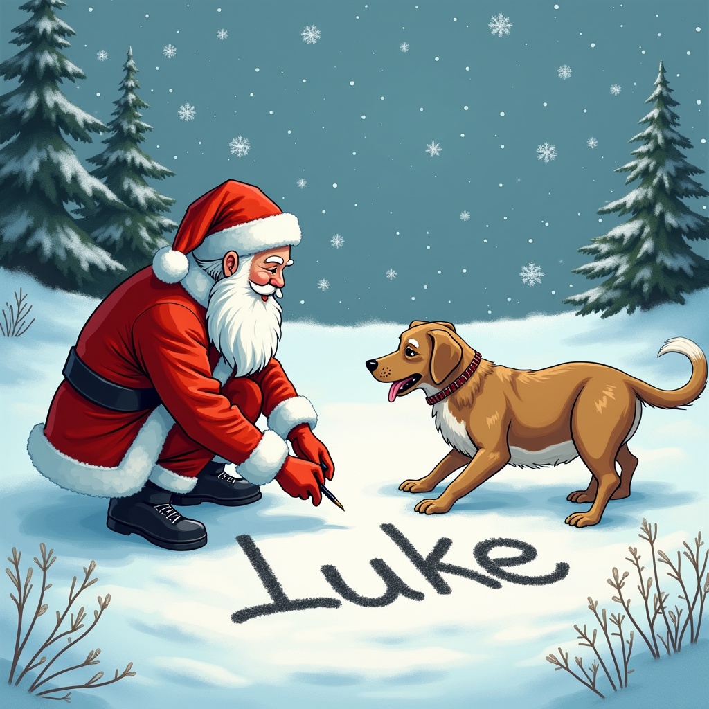 In a whimsical winter setting, Santa Claus is joyfully writing names in the fresh snow. The scene is vibrant and full of holiday cheer. A friendly dog sits nearby, excitedly looking at Santa. Around them, evergreen trees are lightly dusted with snowflakes. The names 'Luke', 'James', 'Leah', 'Lucy', and 'Lilly' are being written one by one. The overall mood is festive and heartwarming, making it a perfect illustration for the holiday season.