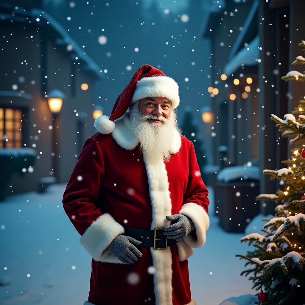 Christmas theme features Santa Claus in a snowy night scene. Greeting Happy Christmas from the Handleys is included. Soft light emphasizes a festive mood.