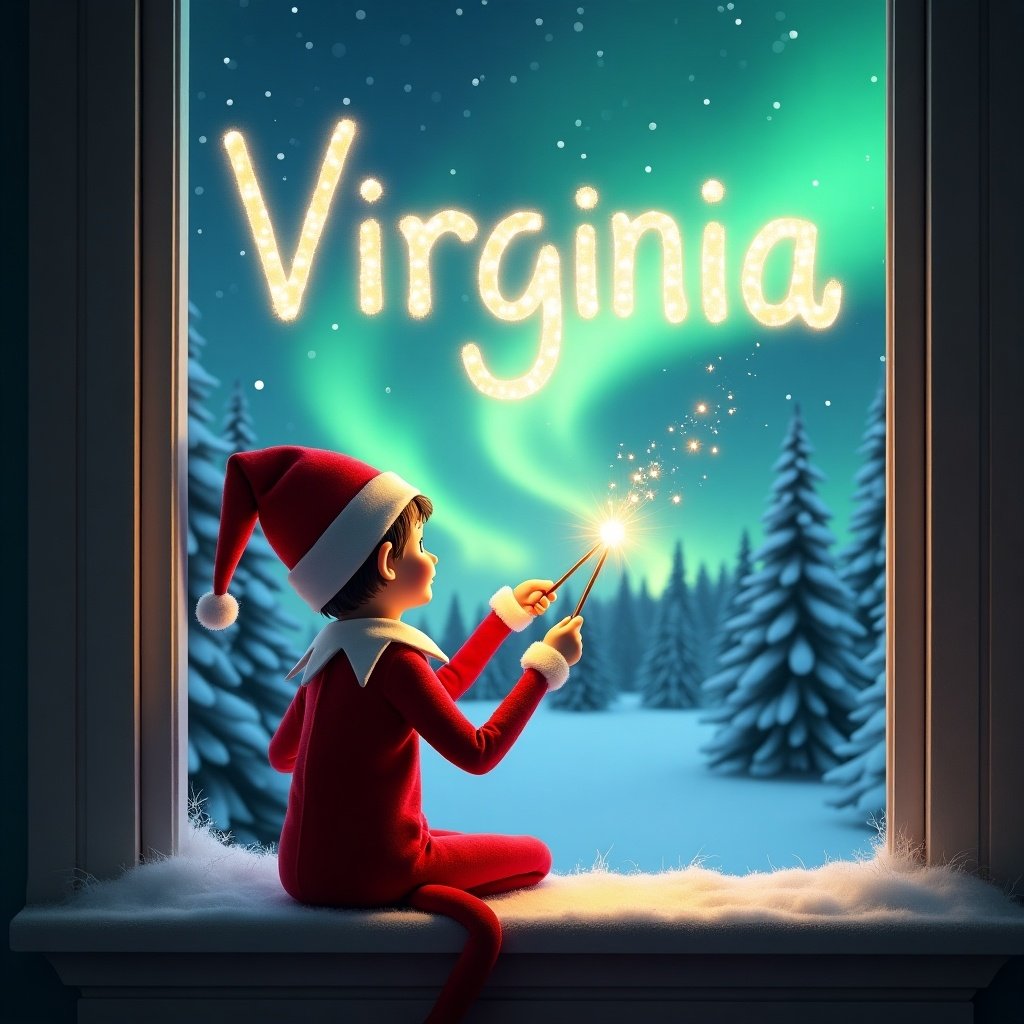 An elf on the shelf sits on a window ledge. The elf has its back turned. The elf wears a red outfit and uses a wand to create sparks. The window shows northern lights and snow-covered pine trees. The name Virginia is in the sky. The scene has a festive holiday feel.