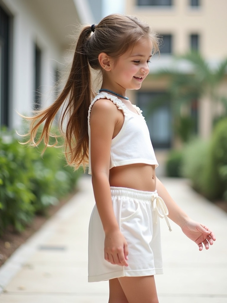 Young girl with long hair in a ponytail wearing a white two-piece outfit. She stands outdoors in an urban setting with buildings and greenery in the background. It has a relaxed and summery vibe.