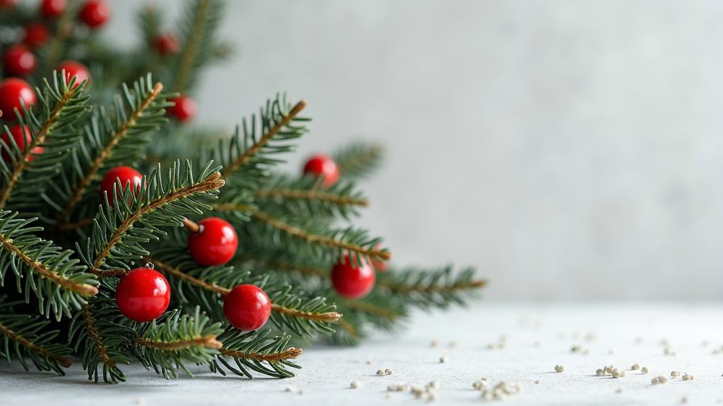 A branch of evergreen needles adorned with vibrant red berries sits on a textured white surface, creating a festive and natural holiday ambiance.