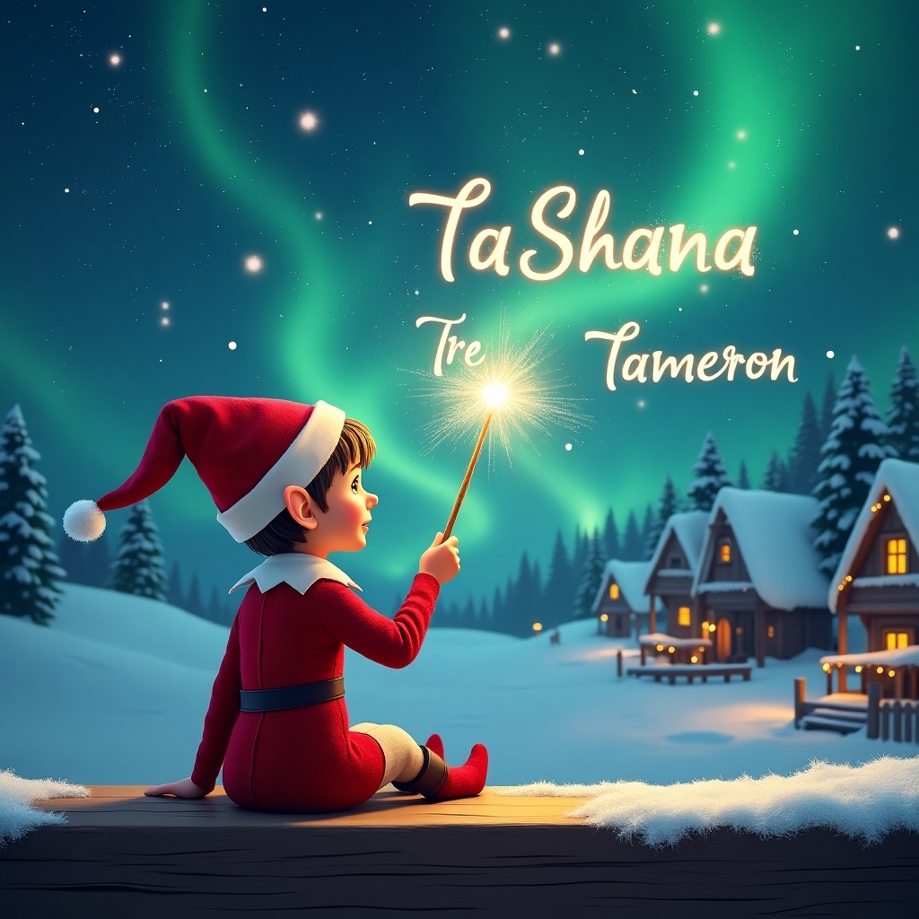 An elf sits on a wooden ledge with its back to the camera, gazing at a magical sky. The elf is dressed in a red outfit with a pointed hat, holding a sparkling wand. With the wand, the elf elegantly writes the names 'TaShana', 'Tre', and 'Tameron' in the starry sky. The background features a snowy landscape with charming little houses and evergreen trees under the shimmering Northern Lights. This whimsical scene captures the essence of childhood magic and Christmas cheer.