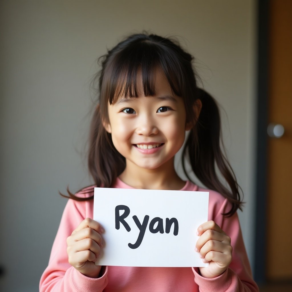 A young Asian girl holds a piece of paper saying Ryan. The girl is shown from the shoulders up and smiles softly. She wears a light pink sweater. The paper is bright white with bold black letters.