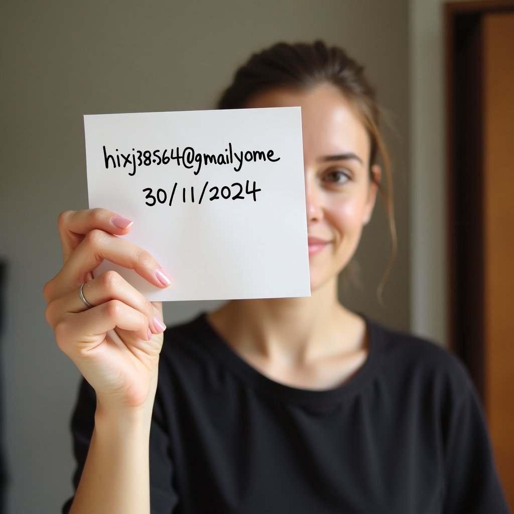 The image shows a young woman holding a plain white piece of paper. The paper contains a handwritten email address and a future date. Her hand and the paper are fully visible, with the focus on the text. The woman is smiling slightly, engaged with the camera. The scene is well-lit with natural light, creating a warm and approachable atmosphere. This image captures a candid moment that feels personal and relatable.