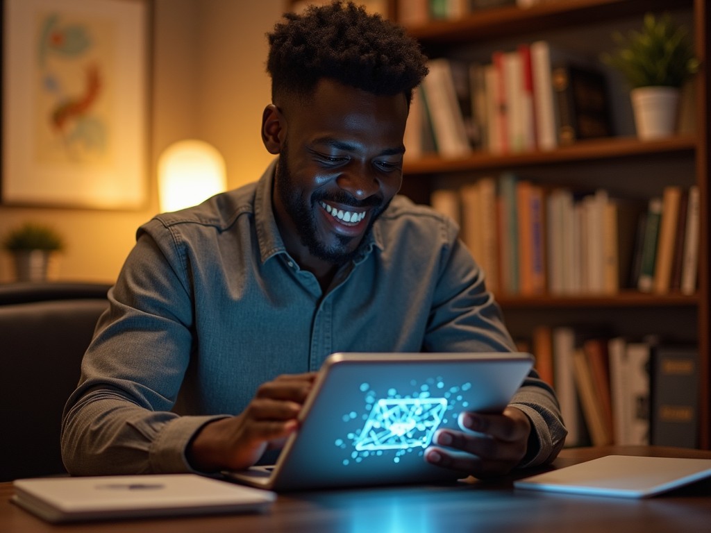 A smiling man is using a tablet in a cozy home office. The room is filled with bookshelves, giving a warm and inviting atmosphere. His expression shows joy and engagement as he interacts with the tablet's screen. Soft lighting enhances the relaxing vibe, making it an ideal workspace. The image captures a moment of productivity combined with a sense of personal satisfaction.