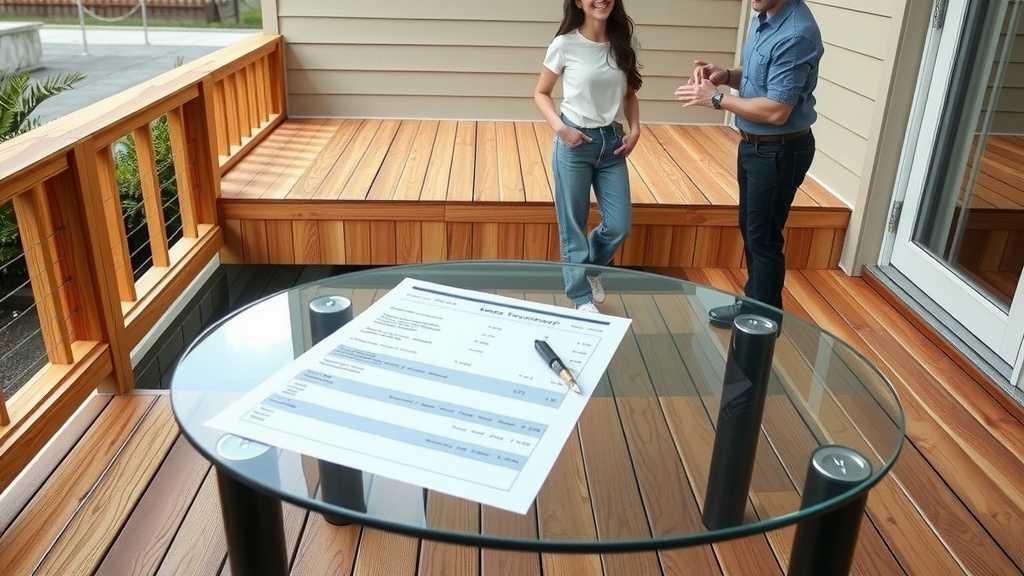 This image captures two individuals on a wooden deck, engaging in conversation, possibly about real estate or home renovation. In the foreground, a glass table holds a paper and pen, suggesting a formal or business-related meeting. The setting is bright and modern, with warm wood tones contributing to a welcoming atmosphere.