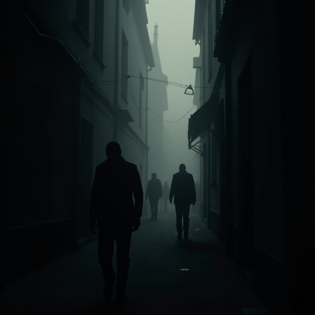 Foggy alley at night with silhouettes of figures in the distance. Sense of intrigue and suspense. Hints of light symbolizing hope breaking through the fog.