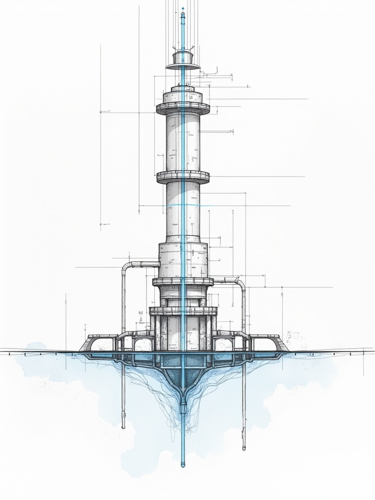 Detailed orthographic drawing of a water supply system. The drawing showcases a central tower structure with pipes and underground components. Technical specifications marked with measurements around the drawing.