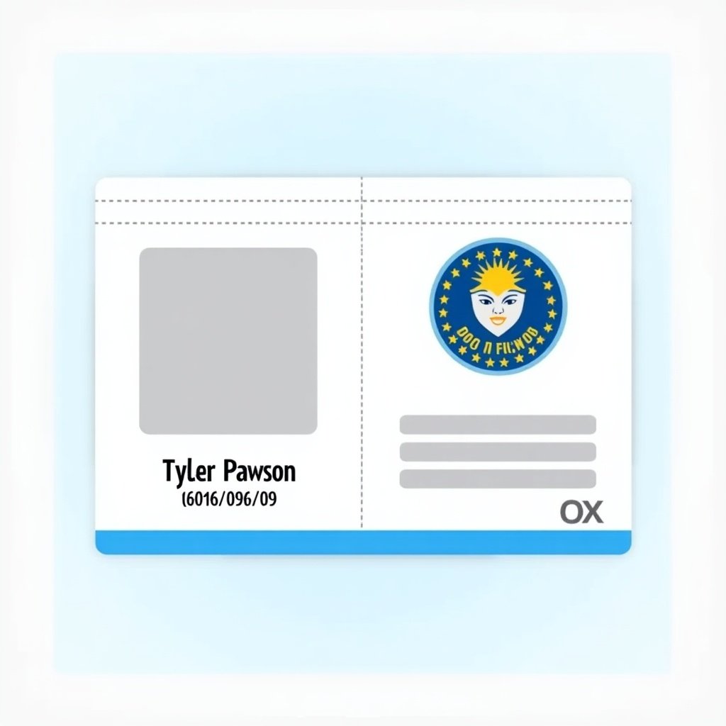 The image features a design concept for an American ID card. The card has two sections for a personal photo and identification information. The design is clean with a blue and white color scheme. The text includes fields for name and date of birth. An emblem represents official use. The card is structurally designed for easy identification.