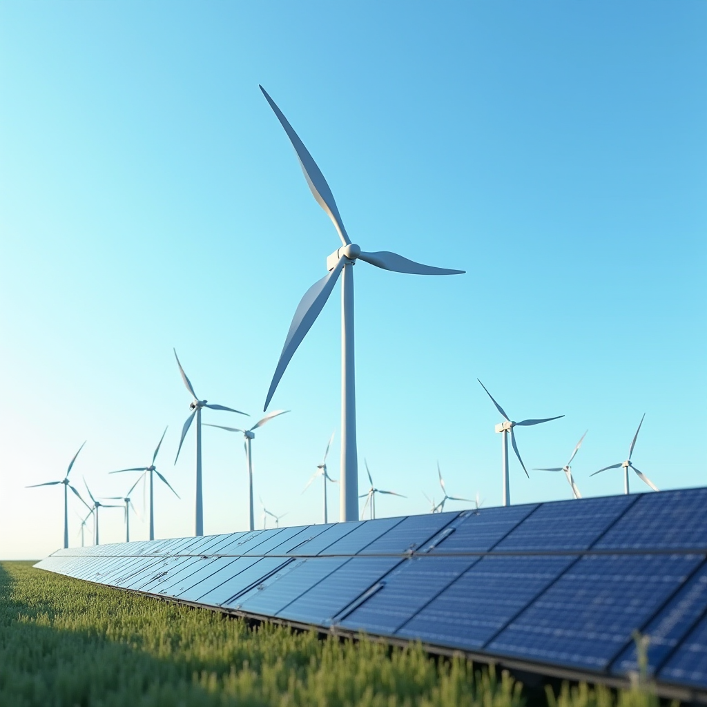 The image shows solar panels and wind turbines in a green field under a clear blue sky.