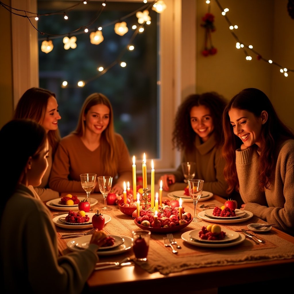 Yalda Night celebration with Mother's Day theme. Cozy gathering around a dinner table filled with fruits and candles. Warm, inviting atmosphere with soft lighting. Families enjoying together.