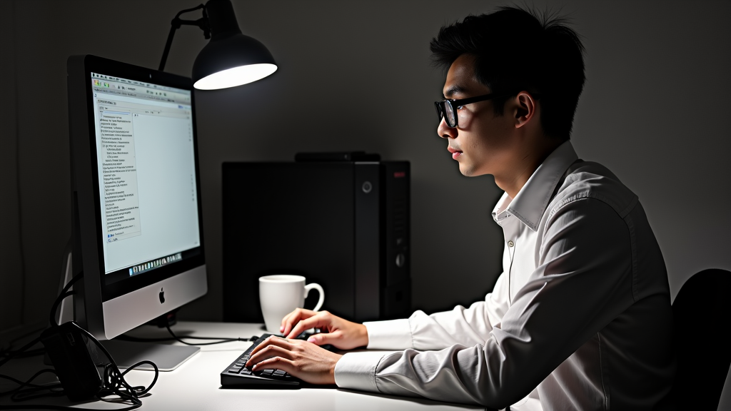 A person is working at a computer under a desk lamp.