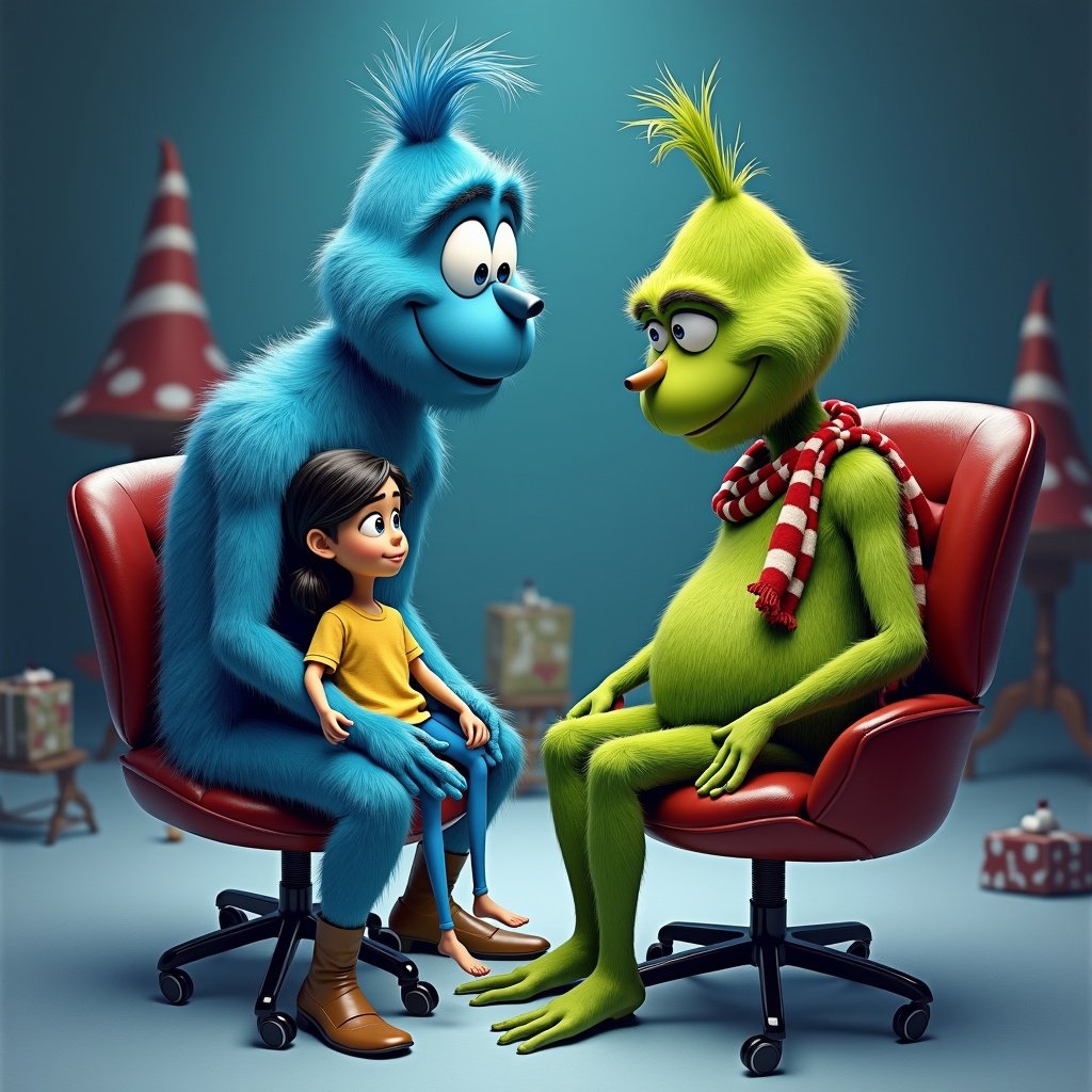 Blue Grinch and a green character sitting in chairs with animated appeal. Background features holiday elements like Christmas trees and gifts. Focus on the interaction of the characters.