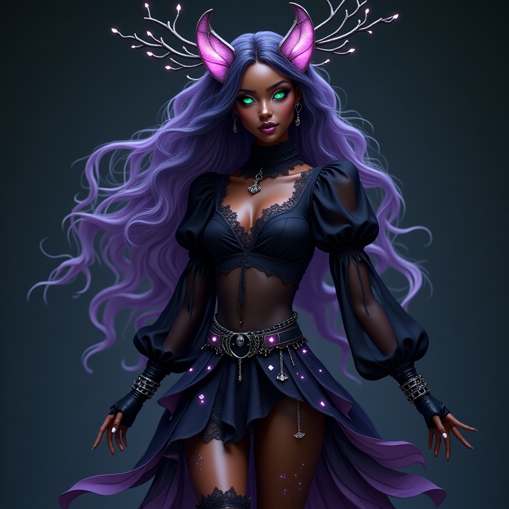 A dark skin woman with long, wavy hair that transitions from deep purple to midnight blue, resembling the night sky. She wears a delicate headpiece made of twisted branches adorned with glowing, ethereal flowers. Her eyes are bright, luminescent green, sparkling like stars. The fitted, high-collared blouse has sheer black fabric layered over a violet undershirt, with puffy sleeves reminiscent of bat wings. The flowing, asymmetrical skirt combines dark lace and soft fabric in shades of purple and black. Around her waist is a silver chain belt with tiny charms, and she wears fingerless gloves and knee-high lace-up boots.