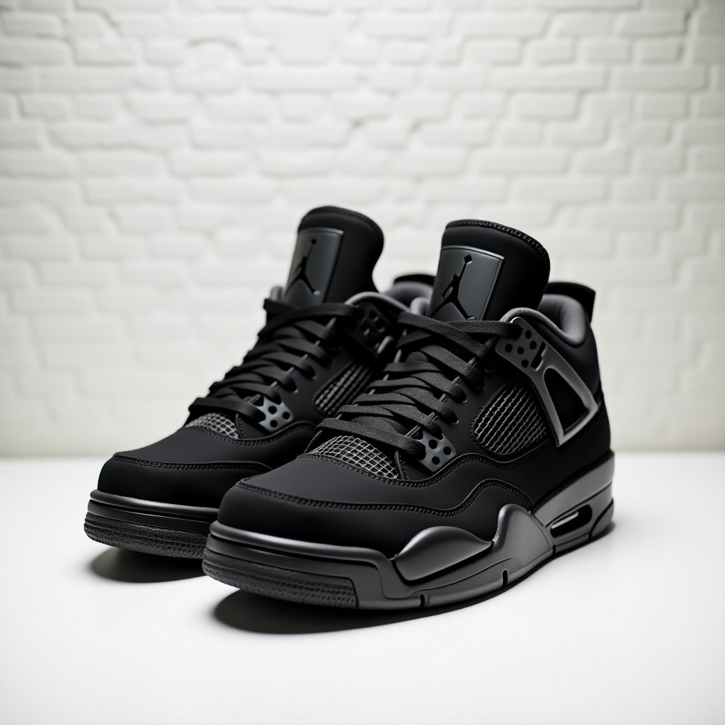 Image features a pair of all black Jordan 4 sneakers on a surface. Sneakers are stylish with intricate details and a modern design.