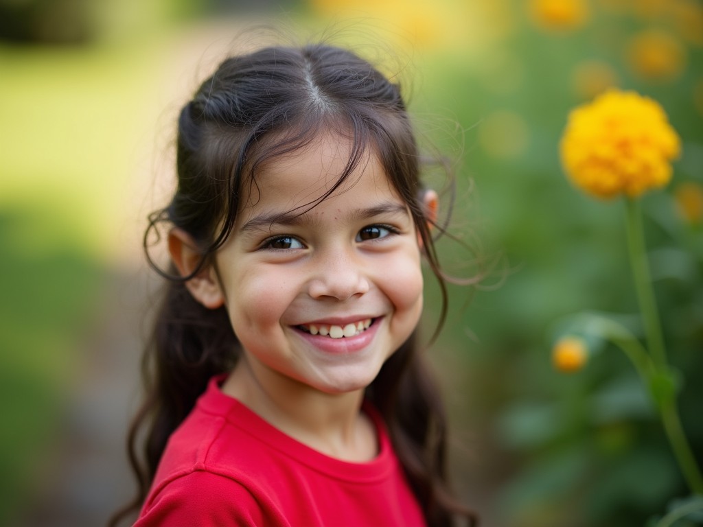 The image features a young girl with a joyful expression, captured amidst a vibrant garden setting. Her bright red shirt contrasts with the lush greenery and vivid yellow flowers that surround her, creating a harmonious and uplifting composition. The sun's gentle light casts a warm glow, enhancing her smile and the peaceful, natural backdrop.