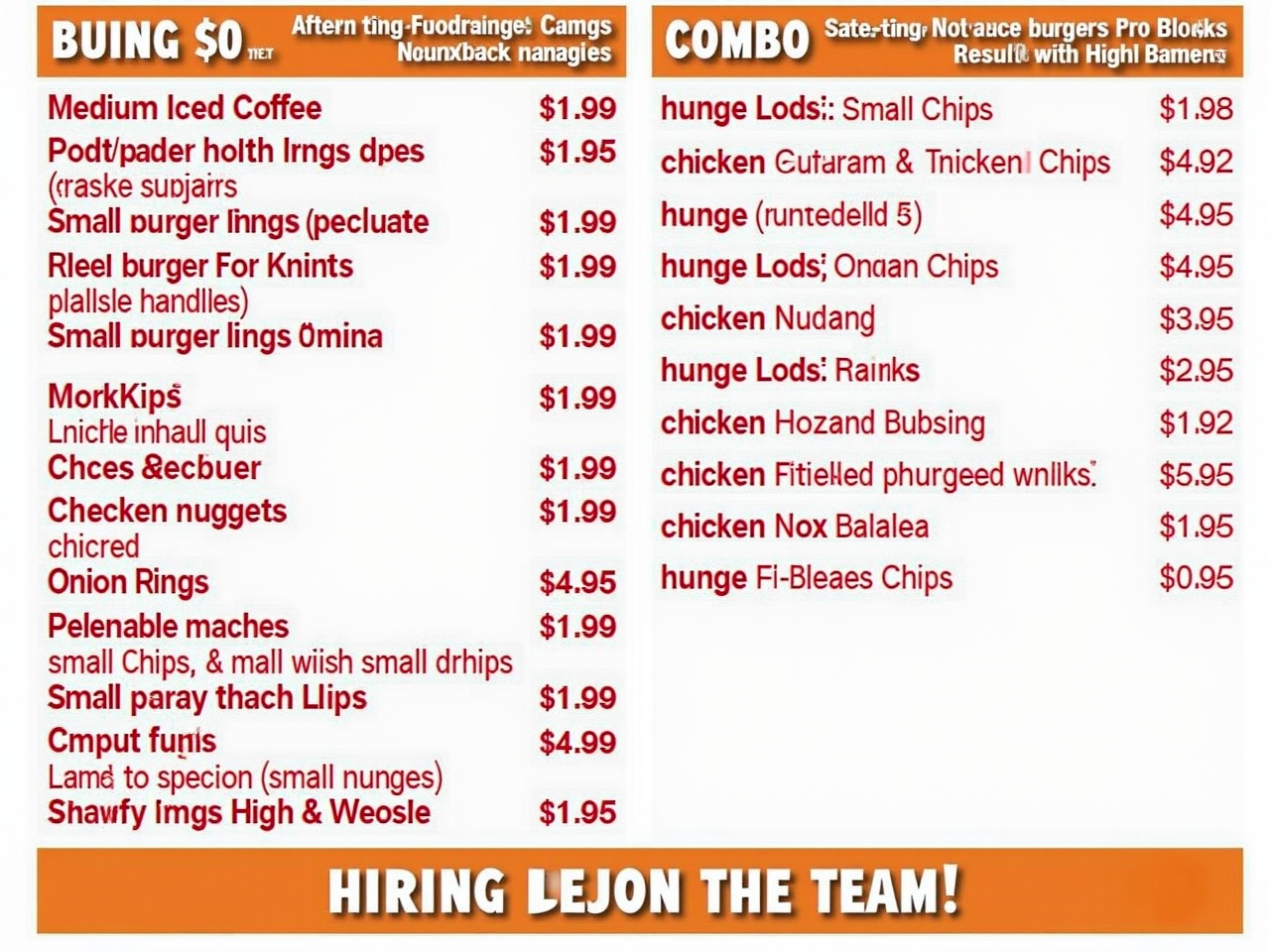 The image displays a menu for a fast food restaurant called Hungry Jack's. Various food items are listed along with their prices. Offers include beverages like medium iced coffee and food options such as chicken burgers, cheeseburgers, chicken nuggets, and onion rings. There are combo options available as well, like small chips and small drinks included with the meals. The prices range from $1.00 to $4.95 for different items. Additionally, there is a hiring advertisement at the bottom encouraging people to join the team.