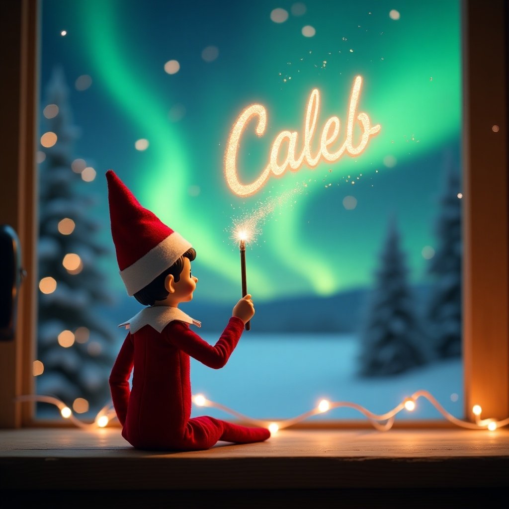 Enchanting Christmas scene with elf facing sky. Elf dressed in red and white uses magic wand to write 'Caleb' in glowing script. Vibrant northern lights serve as backdrop for a festive atmosphere.