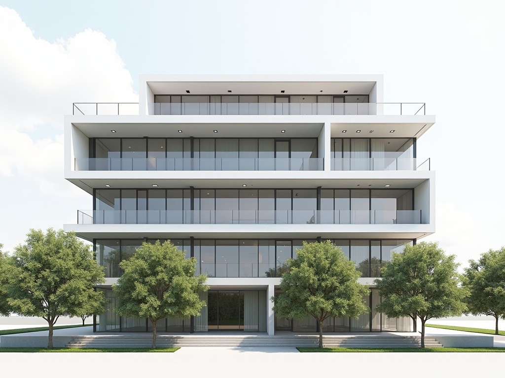 This image shows a modern architectural design of a multi-story building. The building features a series of large windows and a minimalist facade, which suggests contemporary style. In front of the building, there are neatly arranged trees, providing a hint of greenery to the urban infrastructure. The architectural design incorporates clean lines and geometric shapes. The overall atmosphere is professional and orderly, indicating that this might be an office or institutional building.