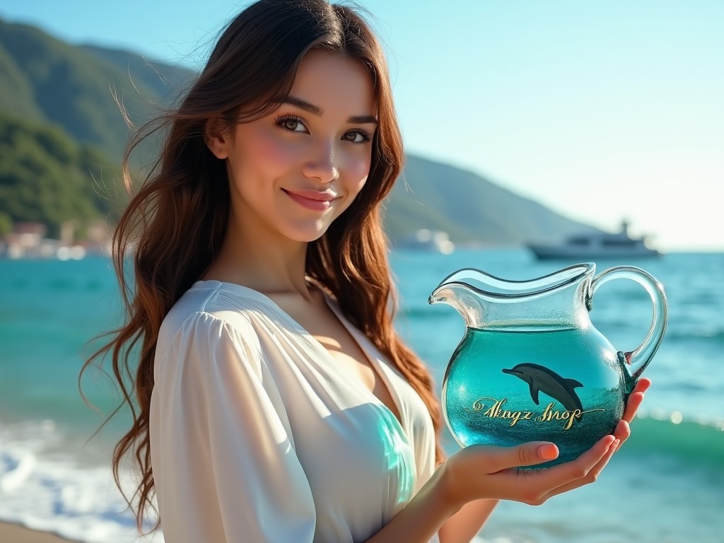 A captivating, hyper-realistic image of a beautiful young brunette standing on a sunlit seaside promenade. She has deep, expressive eyes and refined facial features with a natural glow. Dressed in a light, flowing white blouse, she exudes warmth, complemented by her long brown hair. In her hands, she holds an oversized glass jug with ocean-blue tint and a dolphin design inside it. The background showcases sparkling blue water, lush mountains, and boats on the horizon, creating a serene Mediterranean atmosphere.