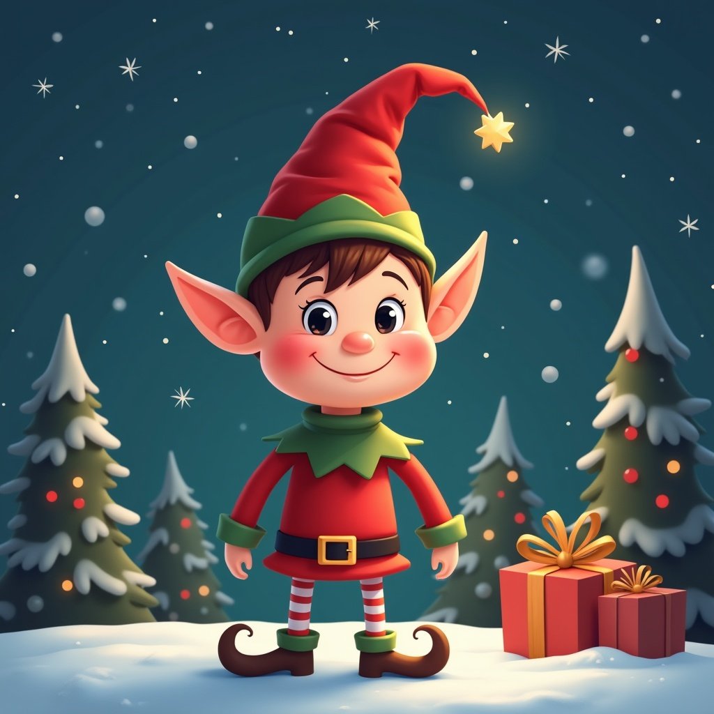 Cartoon elf character enjoys Christmas morning. Scenic winter landscape with snow. Festive decorations and presents.