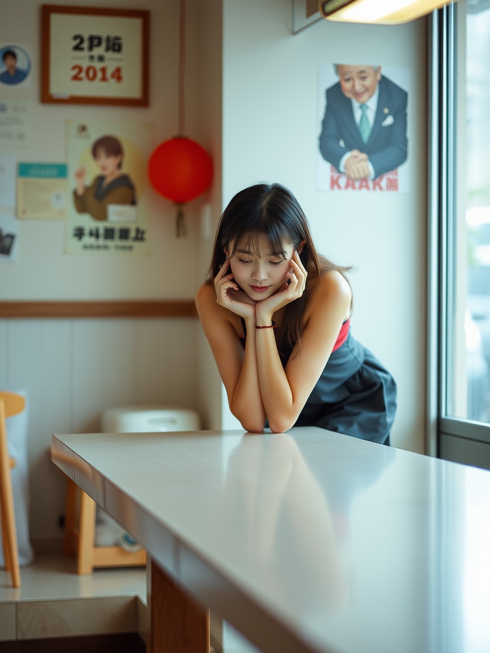 A young woman leans on a sleek table in a softly lit room, exuding a sense of calm and introspection. The setting is adorned with posters and a red lantern, hinting at an Asian cultural influence. The natural light filtering through the window bathes the scene in a warm glow, creating a serene atmosphere.